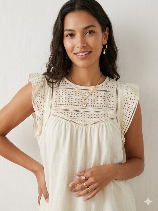 LOFT Tops - LOFT 100% Cotton Cream Eyelet Lace Bib Cap Sleeve Cotton Top - Size M